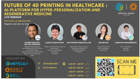 Poster mit Fotos der Redner beim Webinar 4D-Druck im Gesundheitswesen