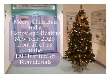 Weihnachtskarte des Lehrstuhls für Biomaterialien mit Wünschen für eine besinnliche Weihnachtszeit und einen guten Start ins neue Jahr.