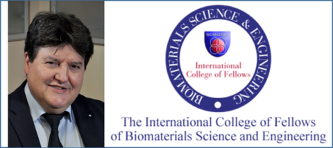 Portraitfoto von Prof. Boccaccini und dem Logo des International College of Fellows of Biomaterials Science and Engineering