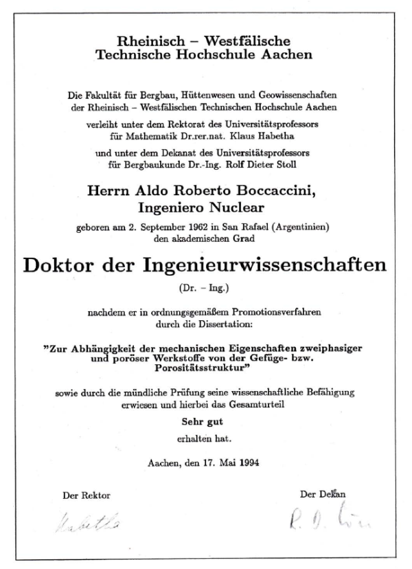 Scan von Prof. Boccaccini's Doktorurkunde