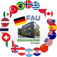 ein Bild vom Gebäude des Lehrstuhls umrundet von Flaggen der Ländern mit denen 2025 in Kollaboration Artikel für Fachzeitschriften entstanden sind.