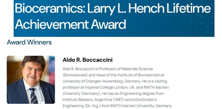 Prof. Aldo R. Boccaccini erhält den Larry L. Hench Lifetime Achievement Award der Bioceramics Division der American Ceramic Society