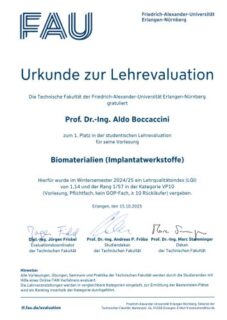 Zum Artikel "Prof. Aldo R. Boccaccini erhält aufgrund von Rückmeldungen der Studierenden die Auszeichnung „Beste Lehre” der Fakultät für Ingenieurwissenschaften der FAU"