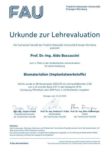 Prof. Aldo R. Boccaccini erhält aufgrund von Rückmeldungen der Studierenden die Auszeichnung „Beste Lehre” der Fakultät für Ingenieurwissenschaften der FAU